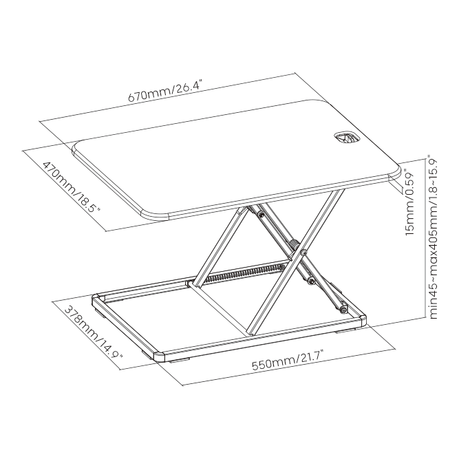 Afmetingen Ultra Slim Mini Desk | Staand werken achter een bureauverhoger | Worktrainer.nl